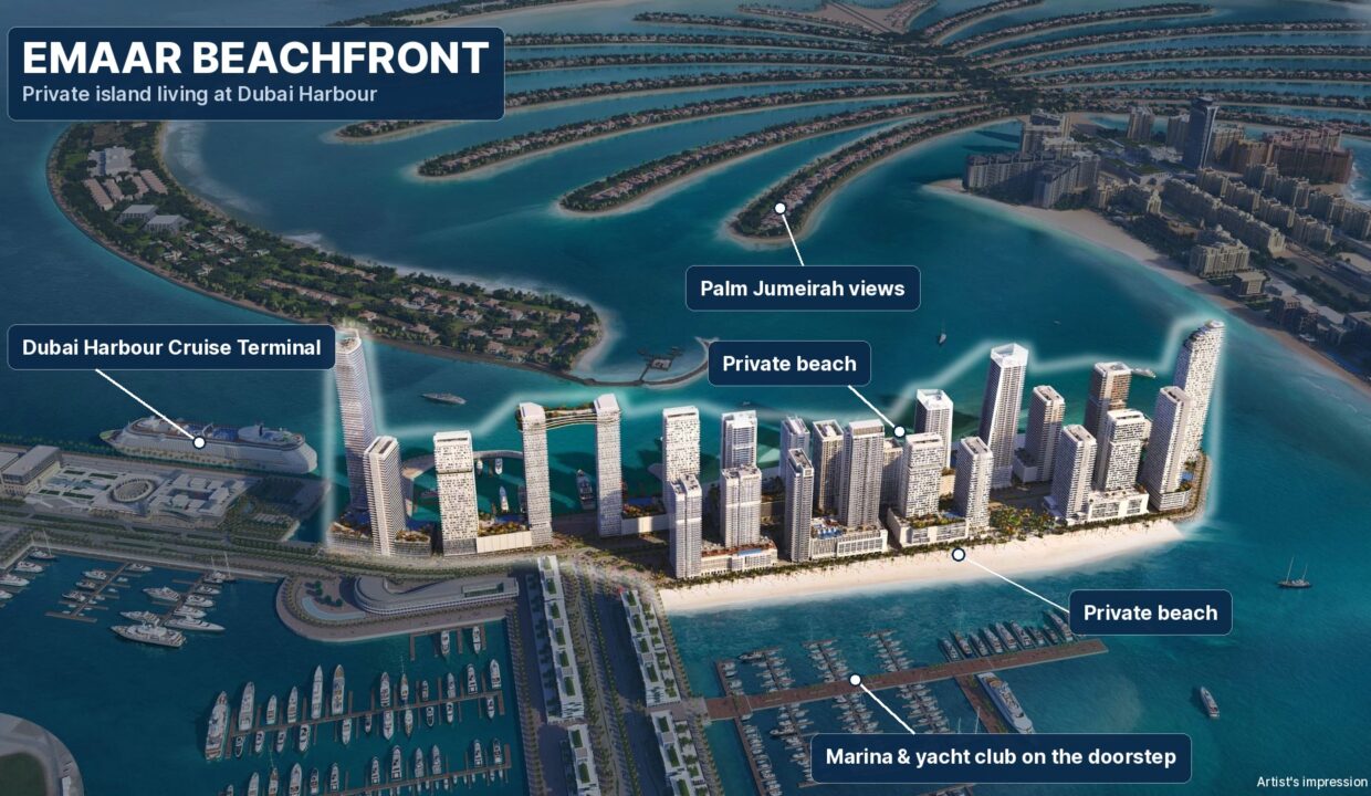 Emaar Beachfront apartments aerial view with residents-only beach, Dubai Harbour marina and Palm Jumeirah