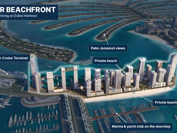 Emaar Beachfront apartments aerial view with residents-only beach, Dubai Harbour marina and Palm Jumeirah